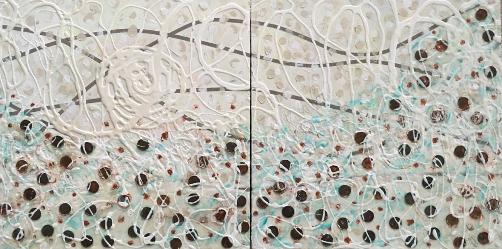“Pennies Return to the Sea” ~ Mixed Media & Pennies, 12”H X 24”W