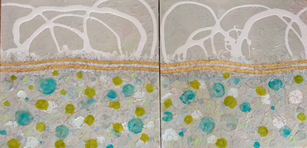 “Ripples at Paradise Cove ~ Diptych” ~ Mixed Media & Gold Leaf, 12”H x 24”W